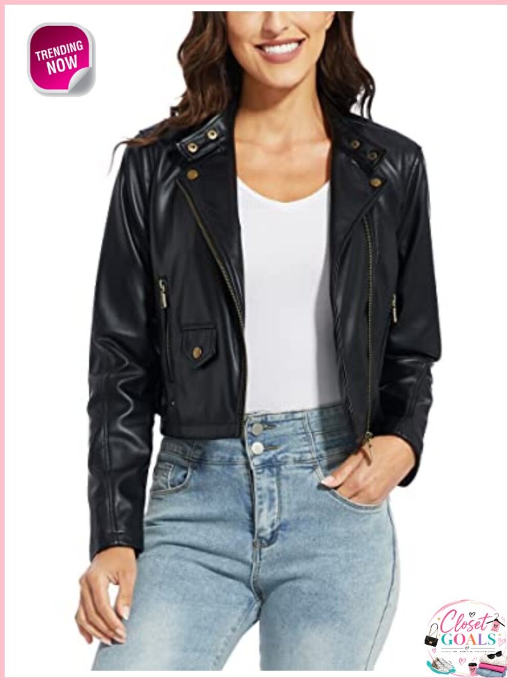 Faux Leather Motorcycle Jacket Band Collar Zipper Pockets Lightweight Womens
